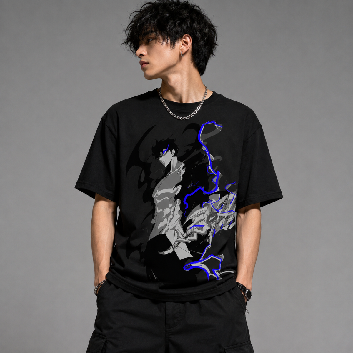 T-shirt anime Solo Leveling Sung Jinwoo Grafica 2 100% cotone - vista prodotto 2