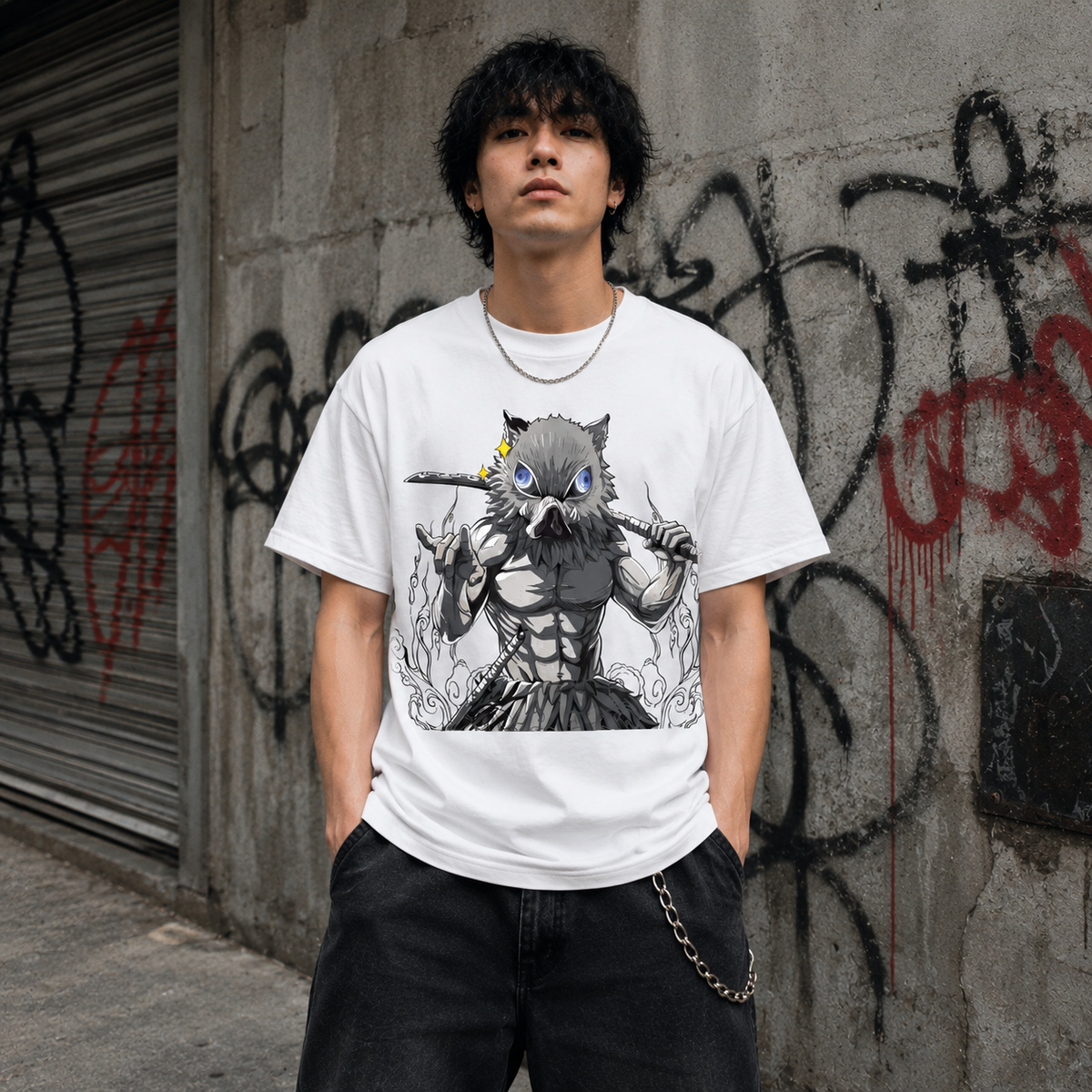 T-shirt anime Demon Slayer Inosuke Hashibira Grafica 4 100% cotone - vista prodotto 2